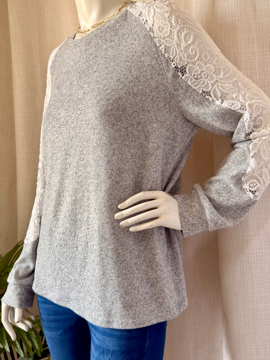 SHEIN Grey Lace-Sleeve Sweatshirt | XL