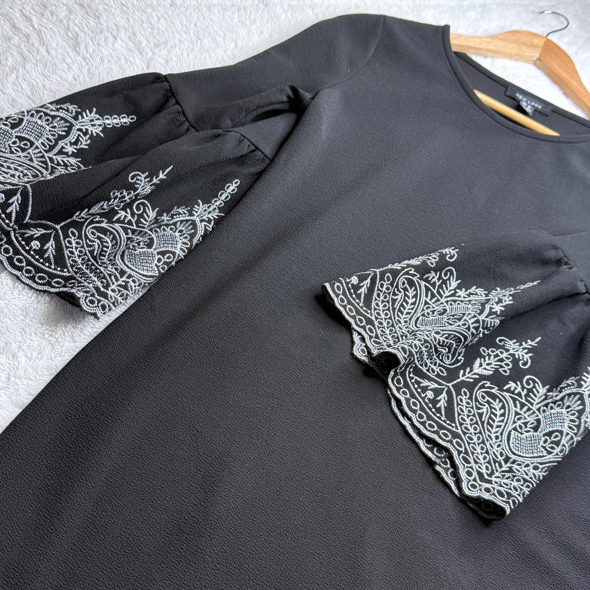 New Look Black Dress with Embroidered Bell Sleeves (Small)
