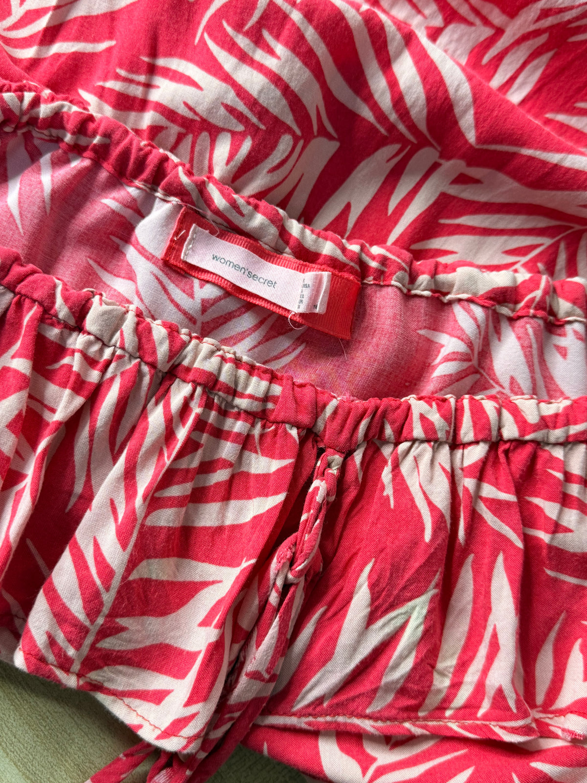 Women'secret Coral Pink Palm Print Strapless Bandeau Ruffle Mini Dress - Size L