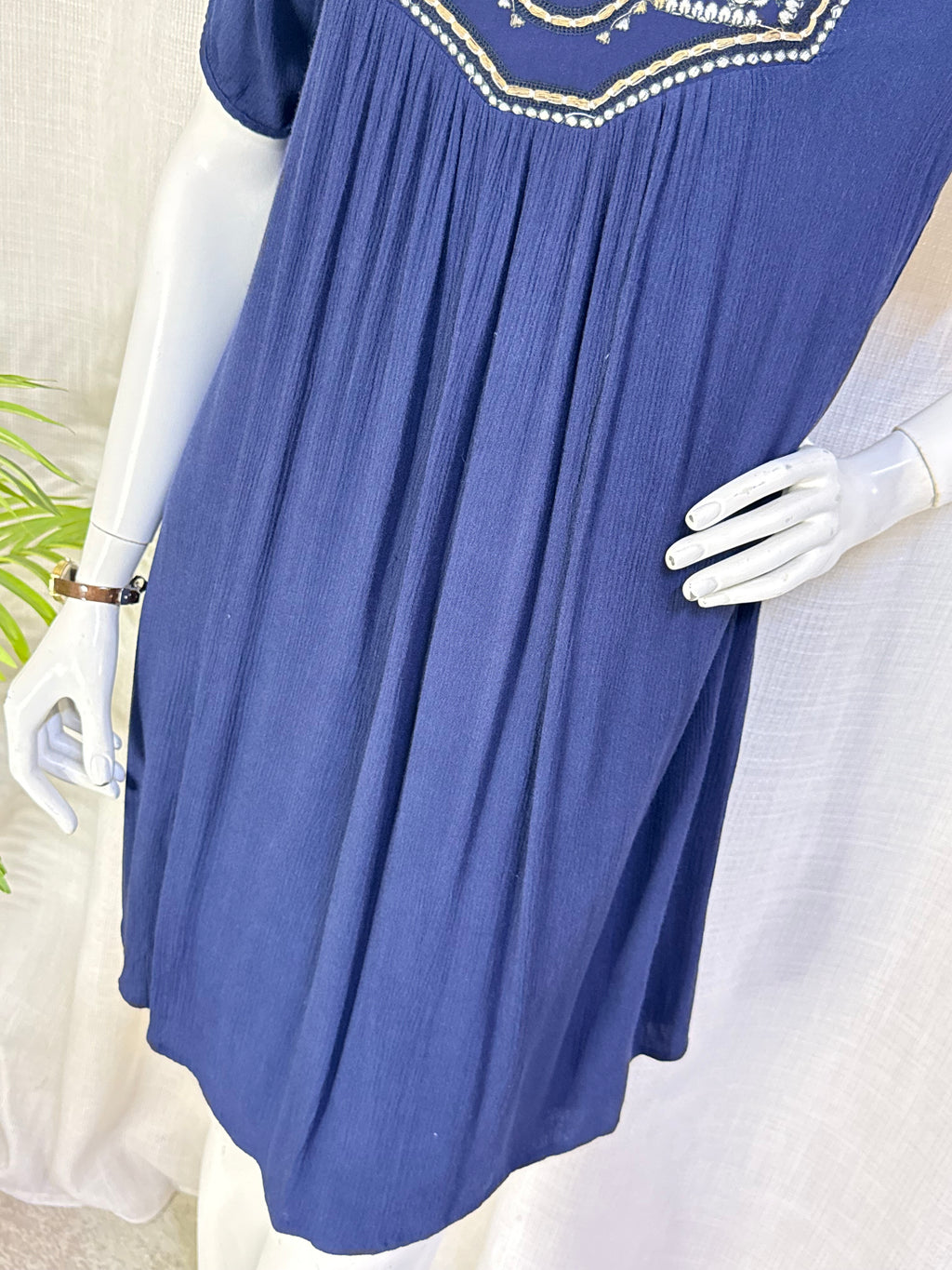 Anany Navy Embroidered Boho Tunic Mini Dress – Size L (EUR 42)