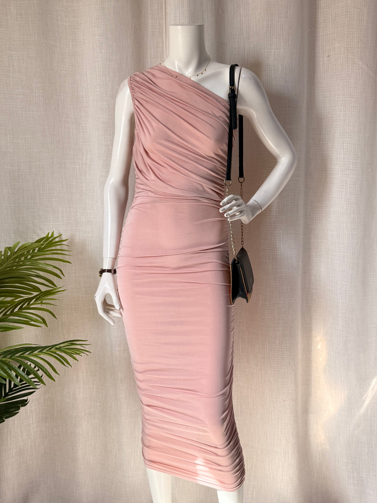 PrettyLittleThing Dusty Pink One Shoulder Ruched Maxi Dress - Size 12 - Bodycon Gown