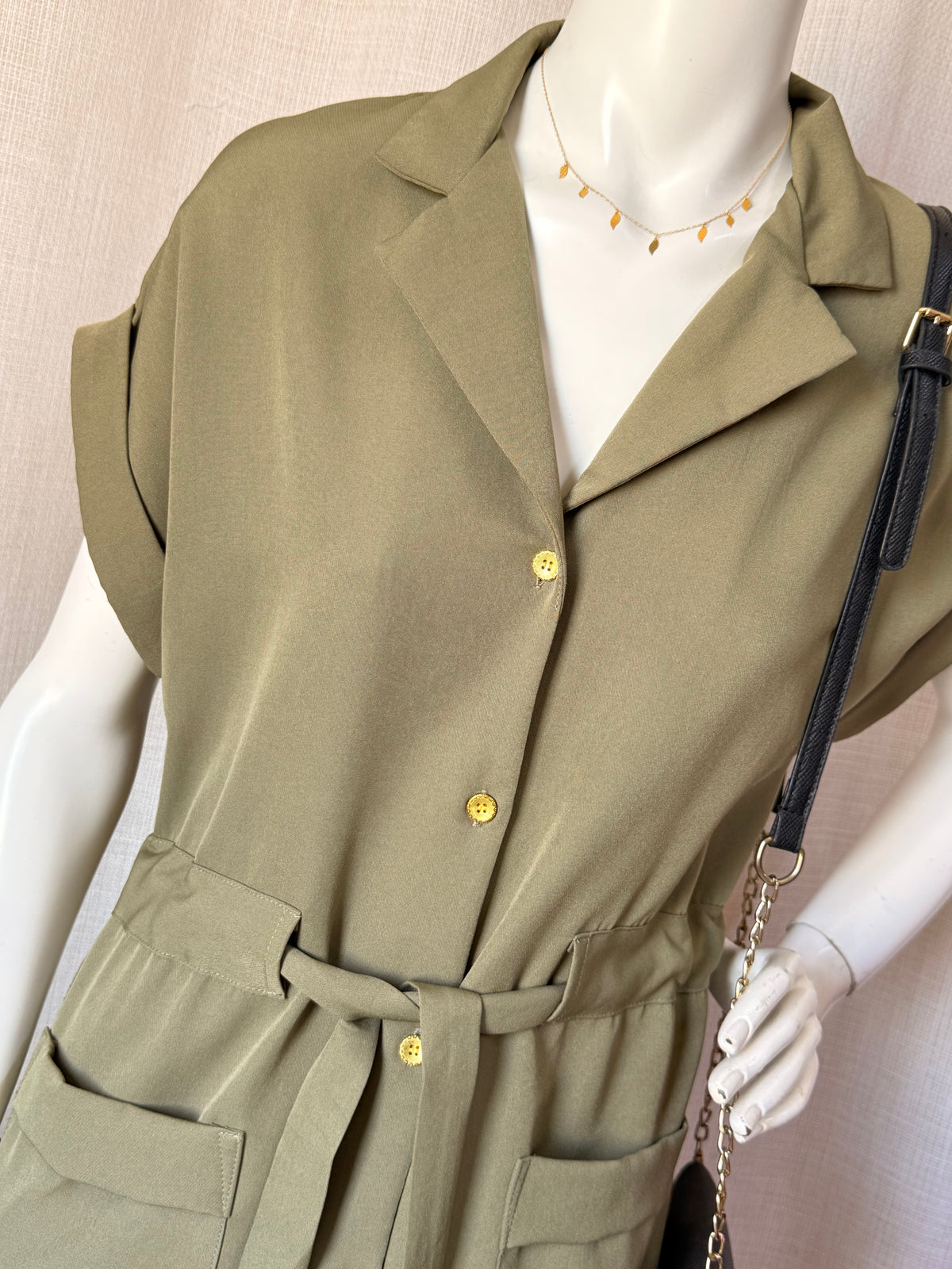 TEMT Collection Olive Green Short Sleeve Button-Down Shirt Dress (Size 8)