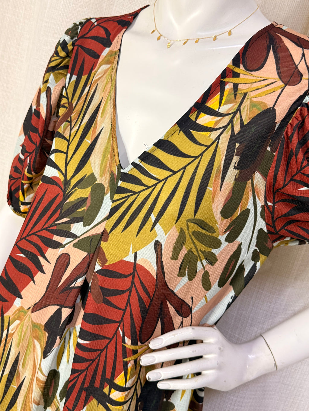 Tropical Palm Leaf Puff Sleeve V-Neck Tiered Mini Dress - Size L (UK 14 / US 10)