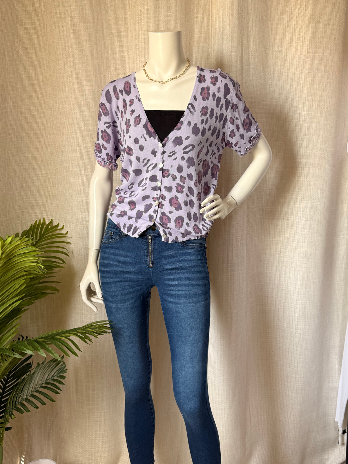 CANNELLA Italy Purple V-Neck Button-Up Cardigan, Sequin Detail, Size Large