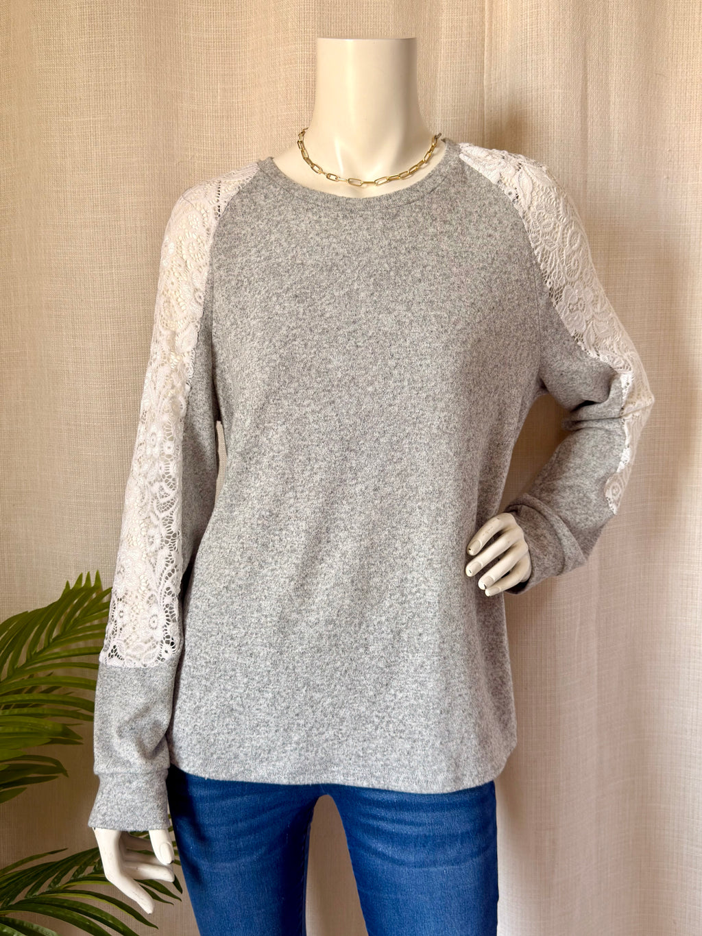 SHEIN Grey Lace-Sleeve Sweatshirt | XL