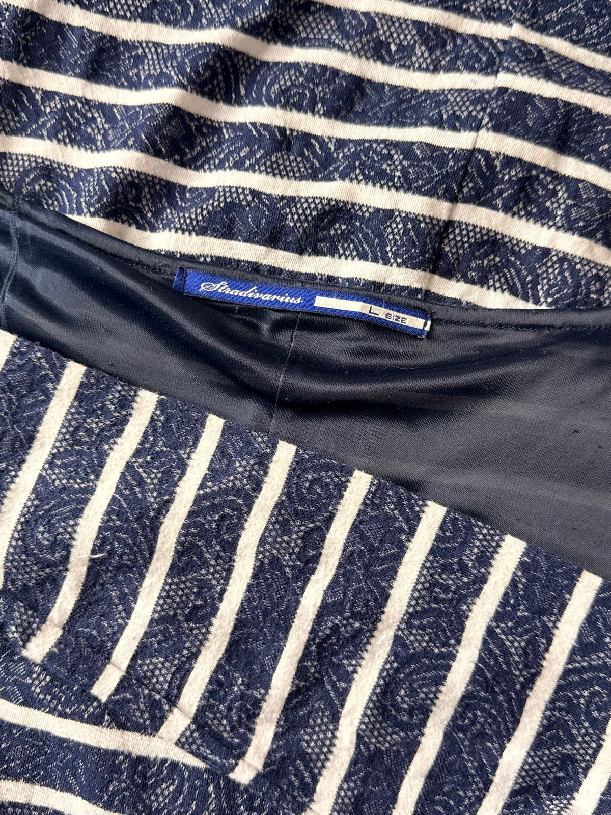 Stradivarius Navy Blue & White Striped Jacquard Bodycon Mini Dress - Size L