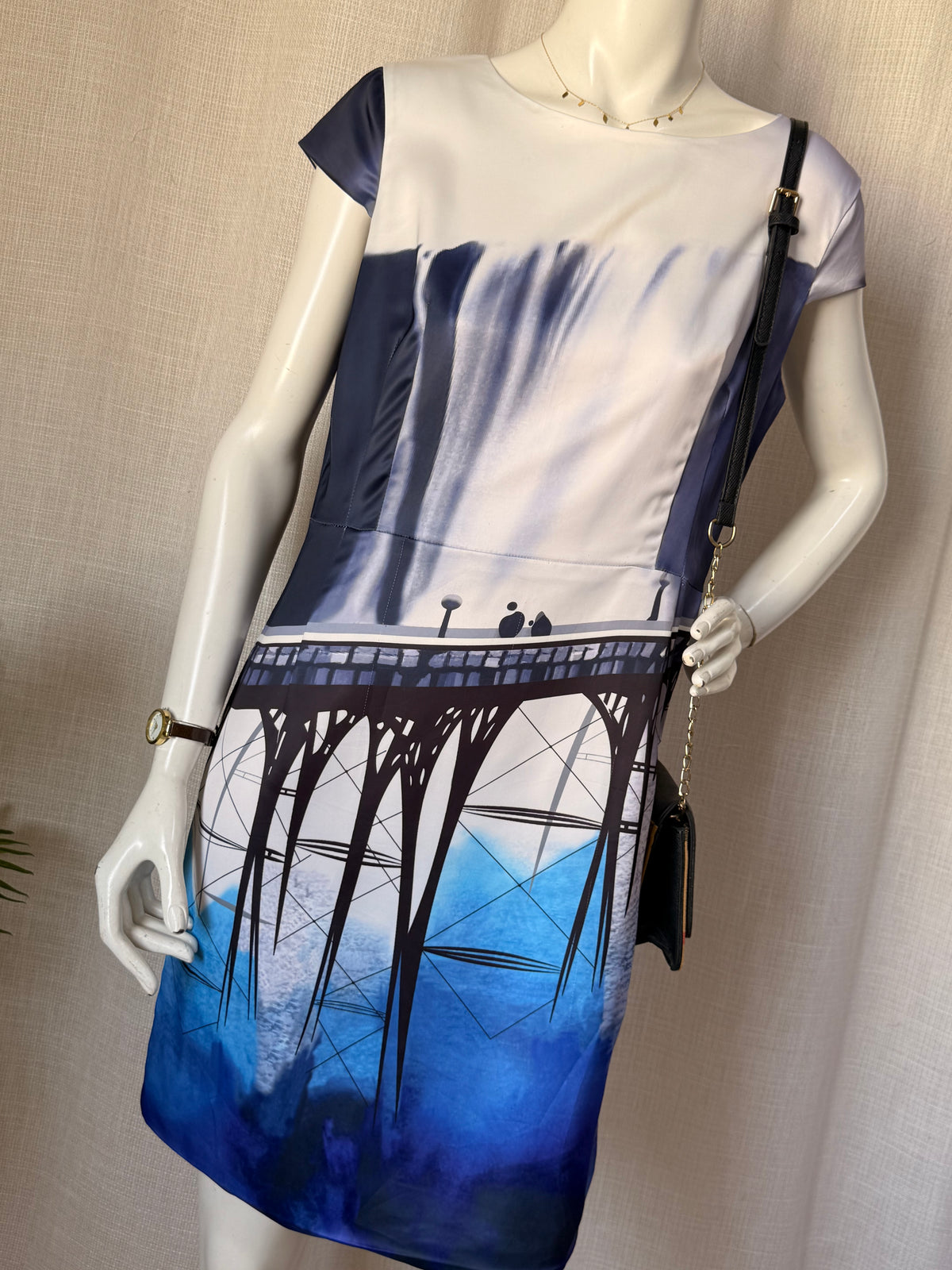 Klimeda Scenic Pier Print Sheath Dress - Blue & White Waterfall Graphic - Size US 10