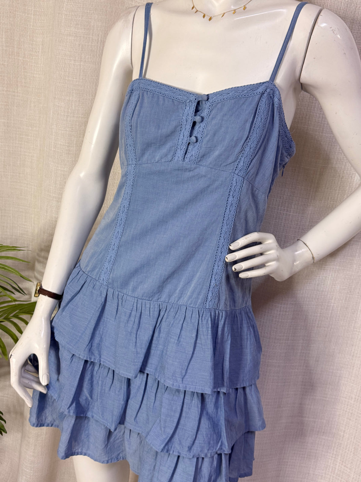 Papaya Chambray Blue Tiered Ruffle Cami Mini Dress - Medium