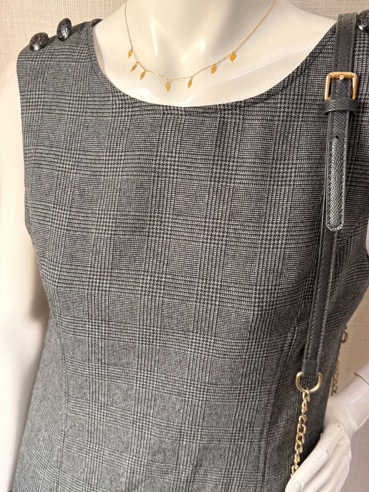 E-vie Grey Glen Plaid Shift Mini Dress with Button Shoulder Detail – UK 10 | Small