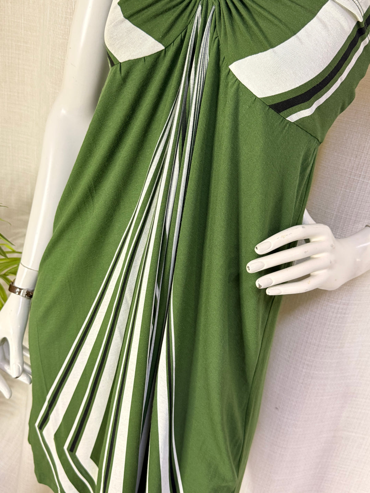 MNG Mango Olive Green Geometric Striped Ruched Halter Mini Dress - Size L