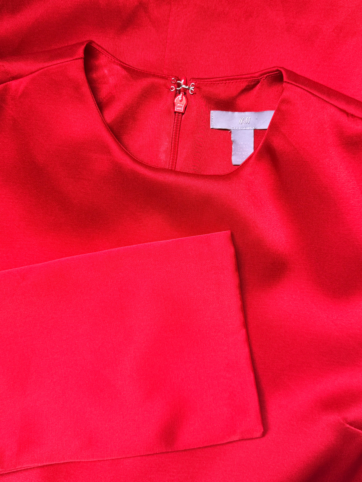 H&M Red Satin Mini Shift Dress | Long Bell Sleeve Evening Dress | Size XS
