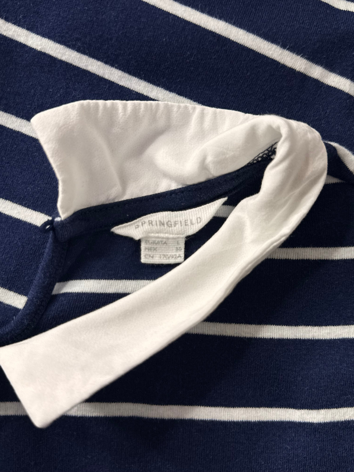 Springfield Navy Striped Long Sleeve Shift Dress with White Peter Pan Collar – Size L