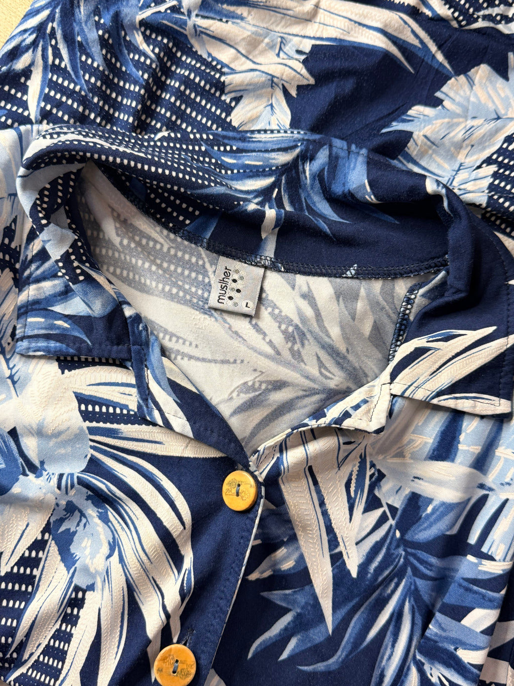 Muslher Navy Blue Tropical Palm Print Button-Down Shirt Mini Dress - Size L