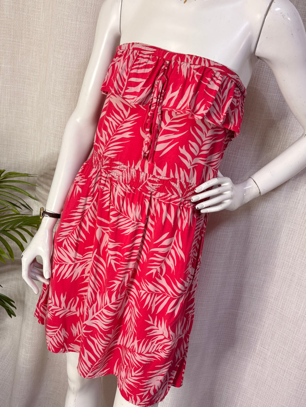 Women'secret Coral Pink Palm Print Strapless Bandeau Ruffle Mini Dress - Size L
