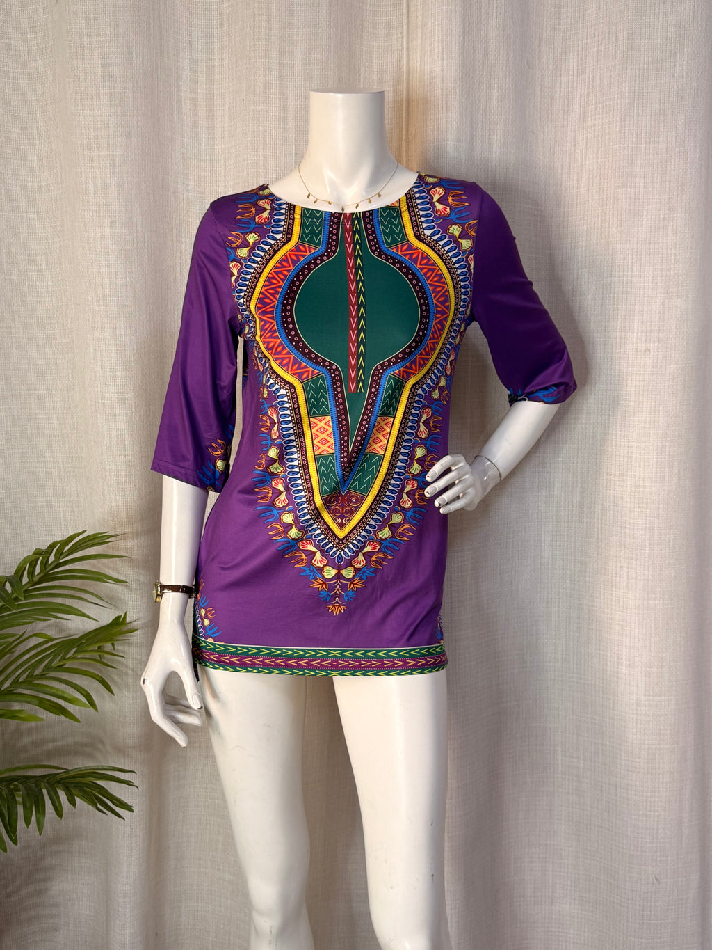 Purple Dashiki Tribal Print 3/4 Sleeve Tunic Mini Dress - Fits Size M (UK 10-12 / US 6-8)