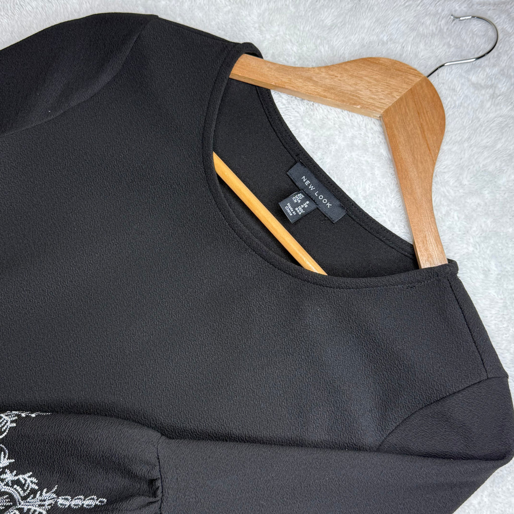 New Look Black Dress with Embroidered Bell Sleeves (Small)