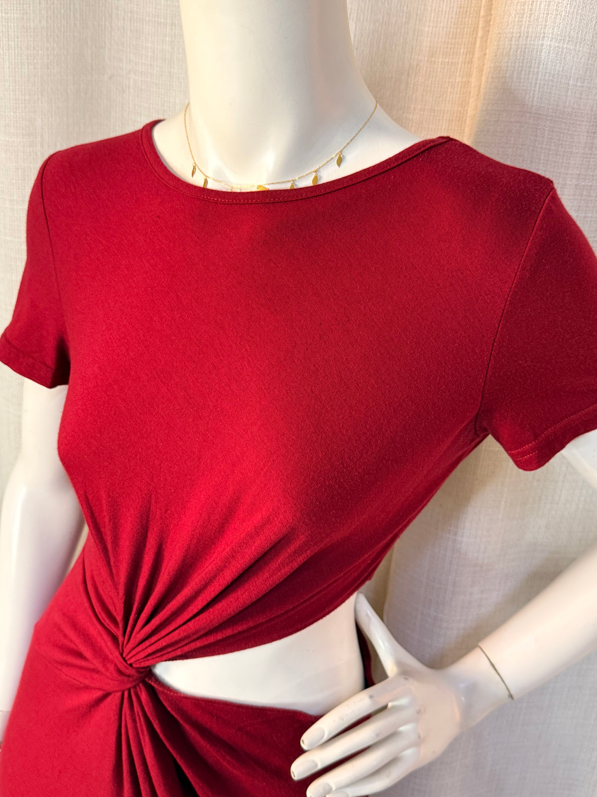 SHEIN Burgundy Red Twist Waist Cut-Out Short Sleeve Bodycon Mini Dress - Size M