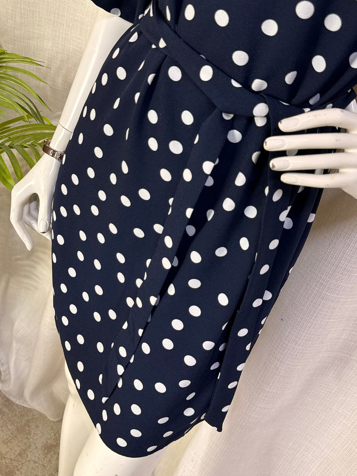 Pilar Prieto Navy Polka Dot Tie-Waist Mini Dress with Flutter Sleeves | Size 38 (Medium)