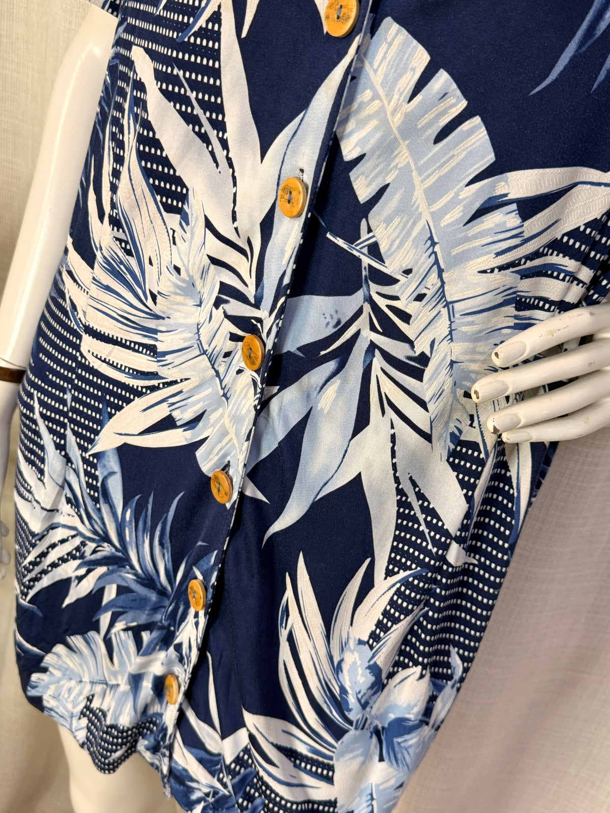 Muslher Navy Blue Tropical Palm Print Button-Down Shirt Mini Dress - Size L