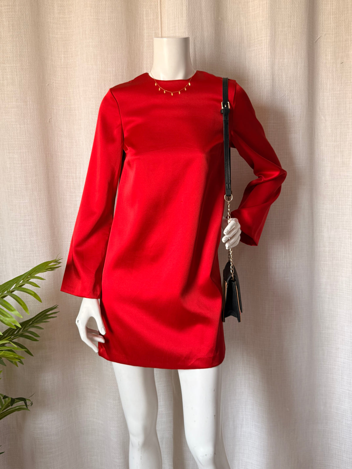 H&M Red Satin Mini Shift Dress | Long Bell Sleeve Evening Dress | Size XS