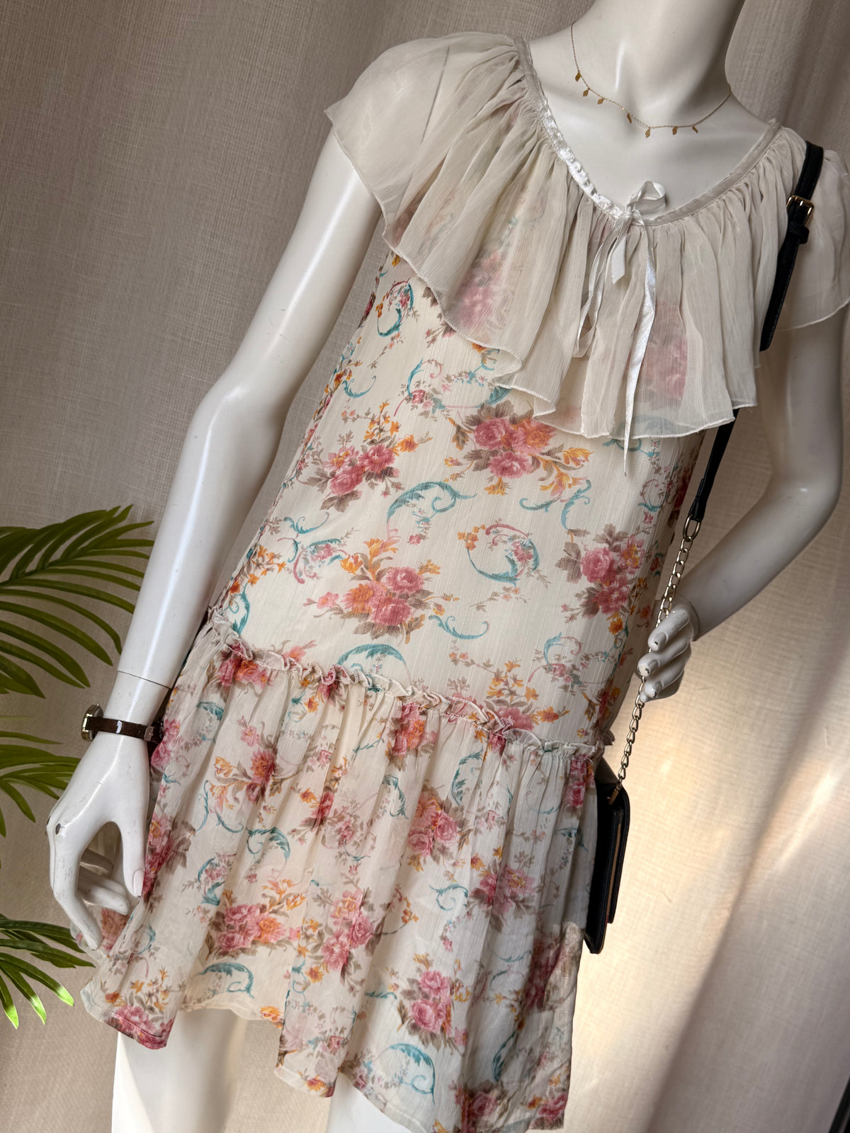 Vintage Floral Coquette Mini Dress - Sheer Ruffle Neckline & Drop Waist - Size Small