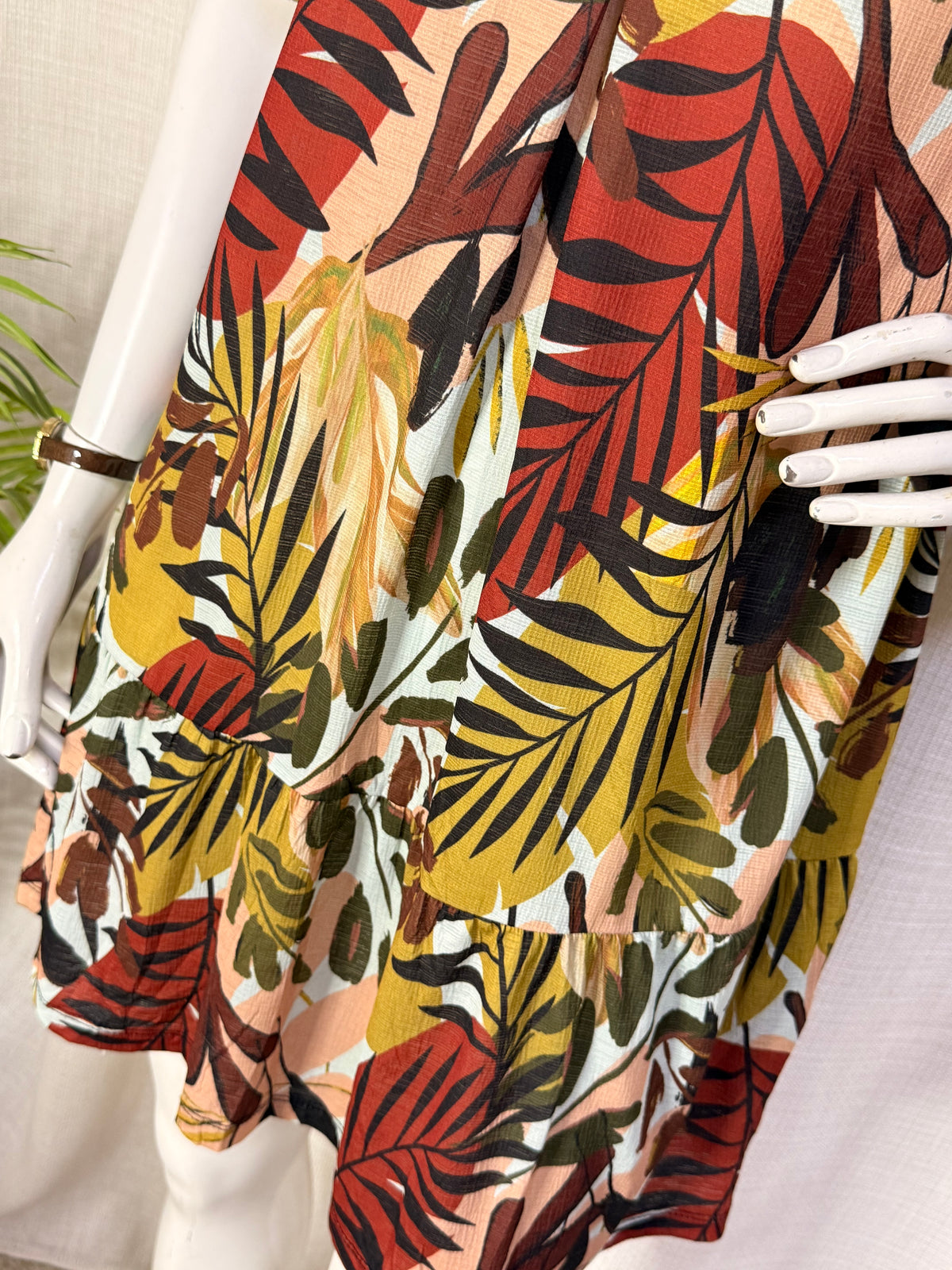 Tropical Palm Leaf Puff Sleeve V-Neck Tiered Mini Dress - Size L (UK 14 / US 10)