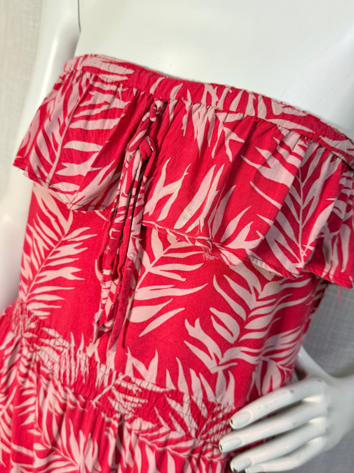 Women'secret Coral Pink Palm Print Strapless Bandeau Ruffle Mini Dress - Size L