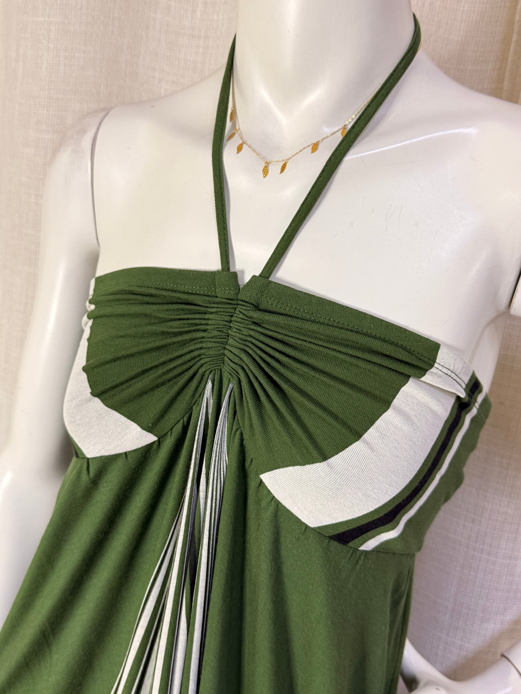 MNG Mango Olive Green Geometric Striped Ruched Halter Mini Dress - Size L
