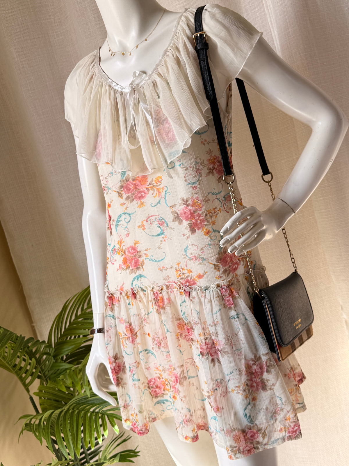 Vintage Floral Coquette Mini Dress - Sheer Ruffle Neckline & Drop Waist - Size Small