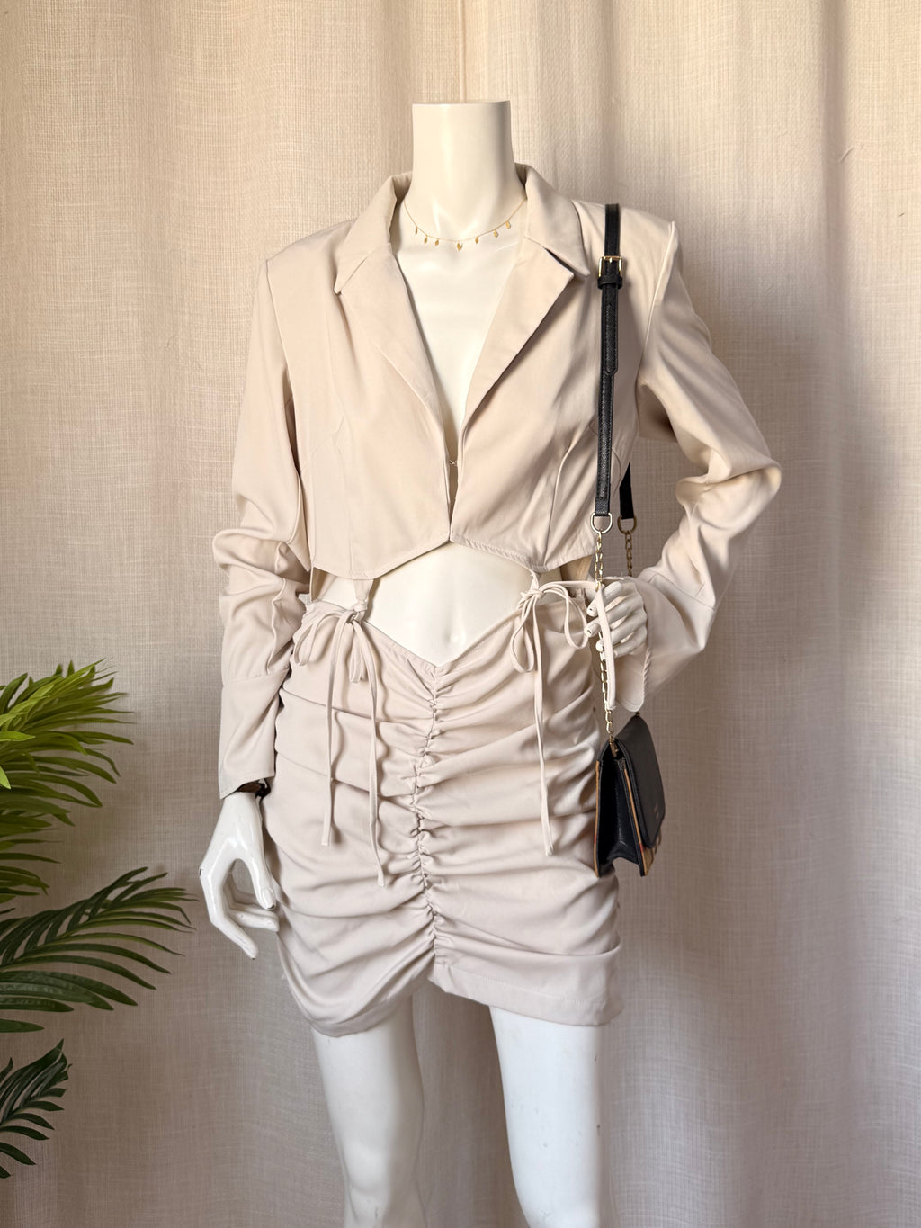 PrettyLittleThing Stone Cut-Out Blazer Style Ruched Mini Dress | UK 14