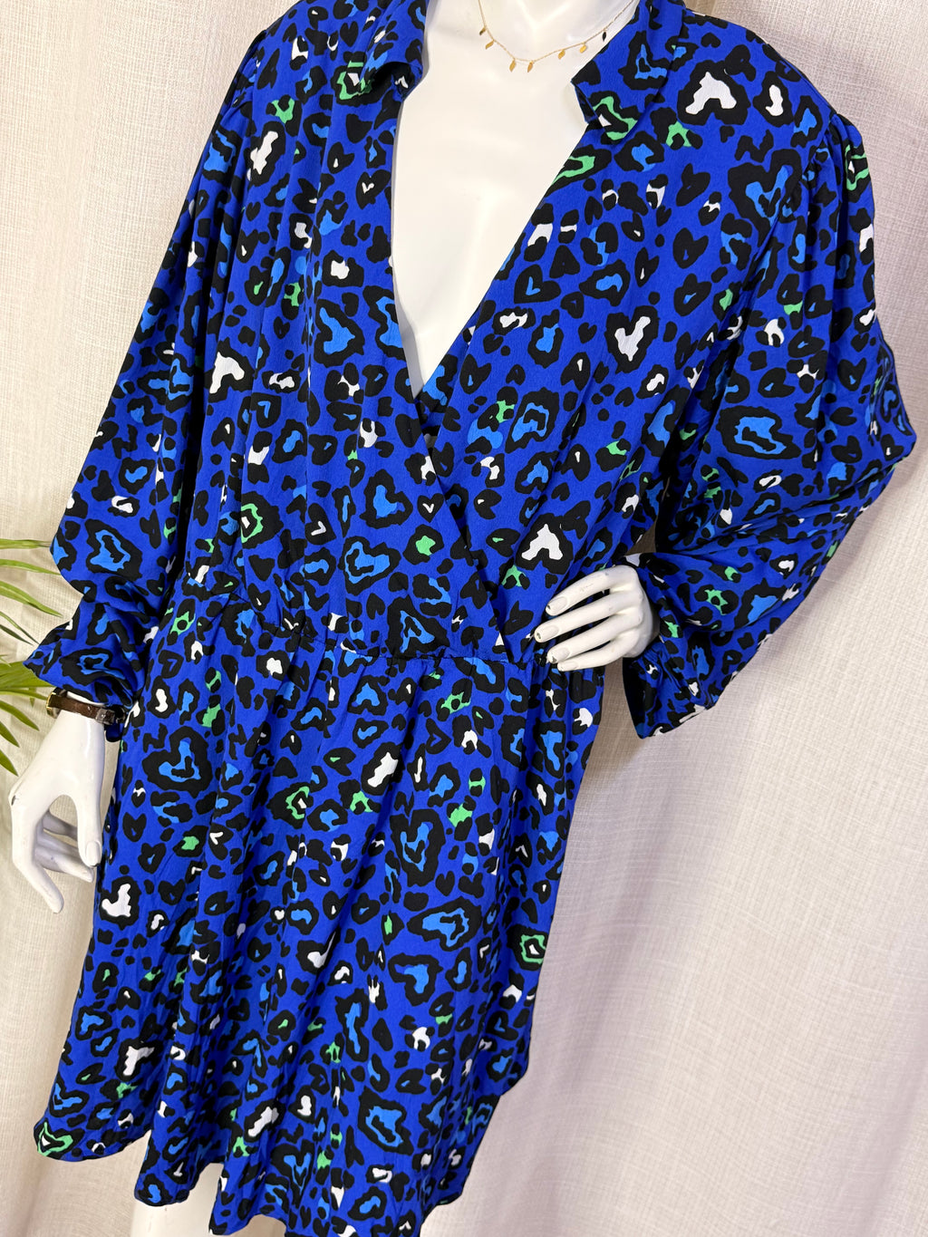 Simply Be. Blue Leopard Print Long Sleeve Wrap Front Mini Dress - Plus Size
