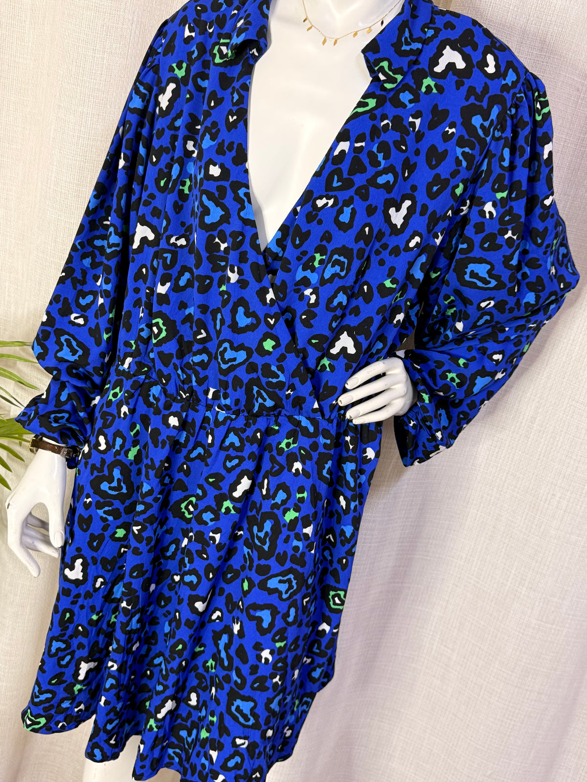 Simply Be. Blue Leopard Print Long Sleeve Wrap Front Mini Dress - Plus Size