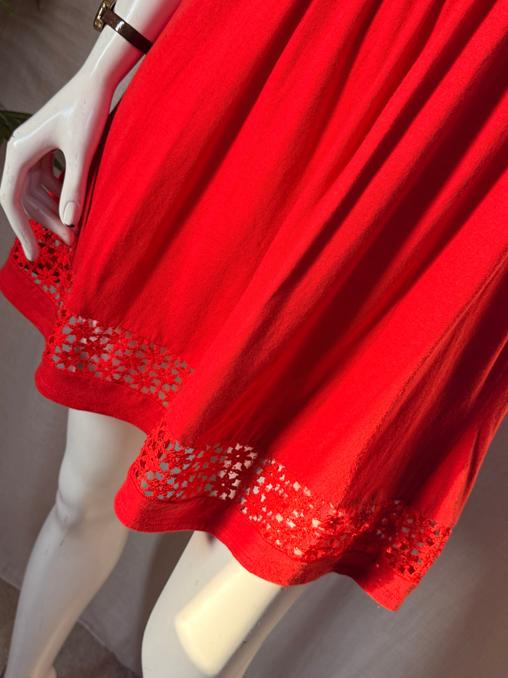 Atmosphere Coral Red Floral Crochet Trim Cami Skater Mini Dress - UK 8 / US 4