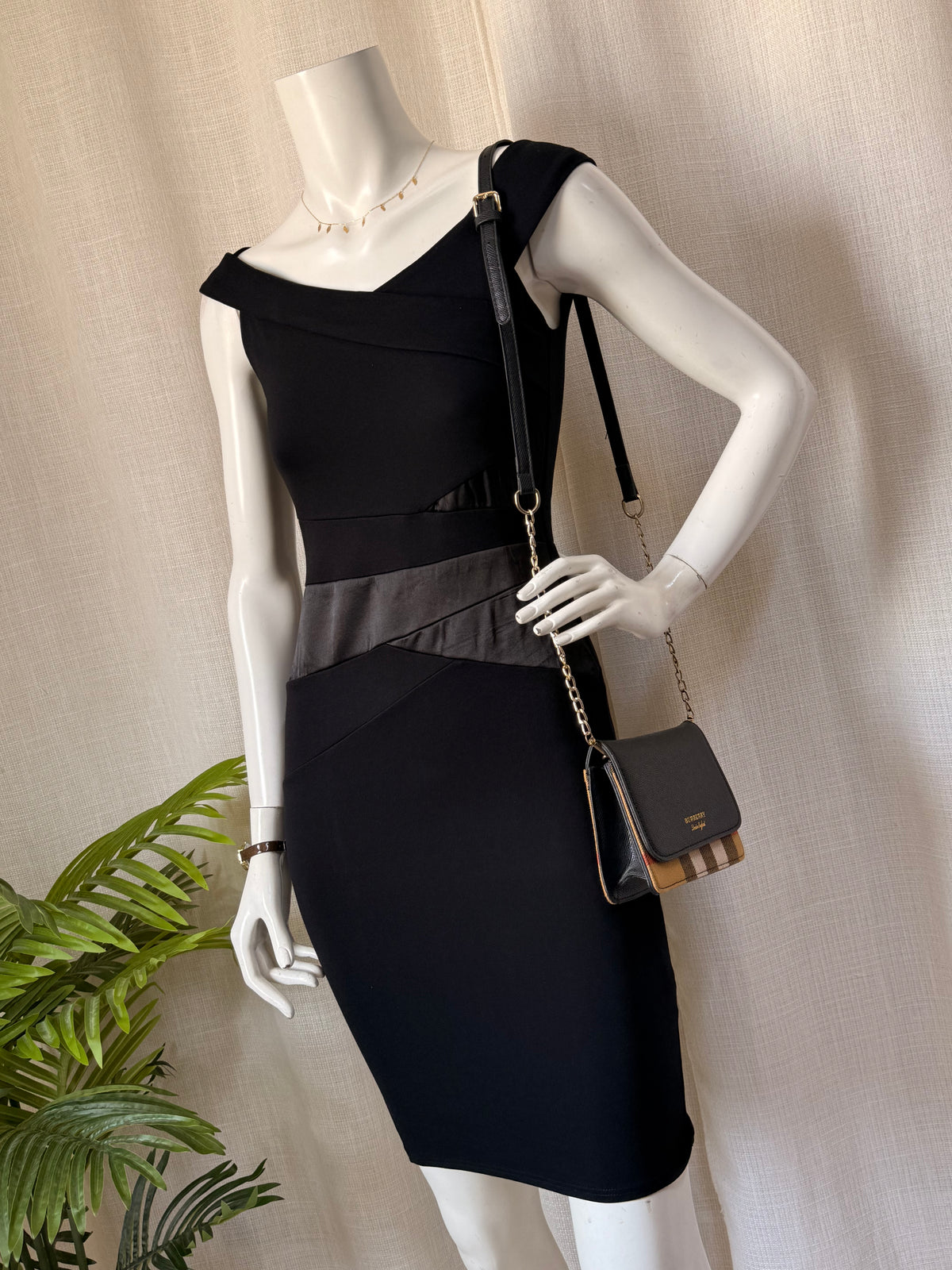 Lipsy London Black Off-Shoulder Dress with Faux Leather Detail | UK 10