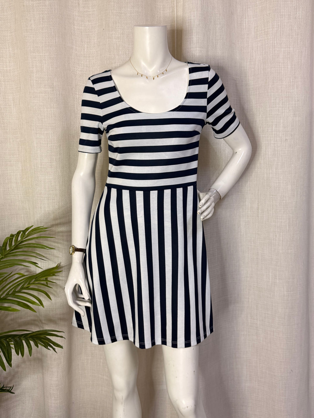H&M Navy & White Striped Fit & Flare Mini Dress – Size S