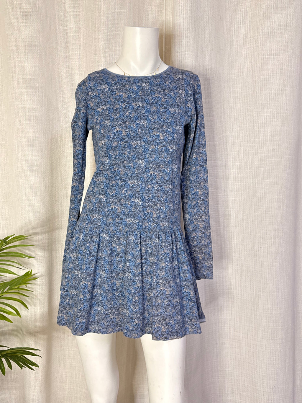 Name It Blue Ditsy Floral Long Sleeve Drop-Waist Dress - Size 14Y / 164 (Fits Women's XS-S)
