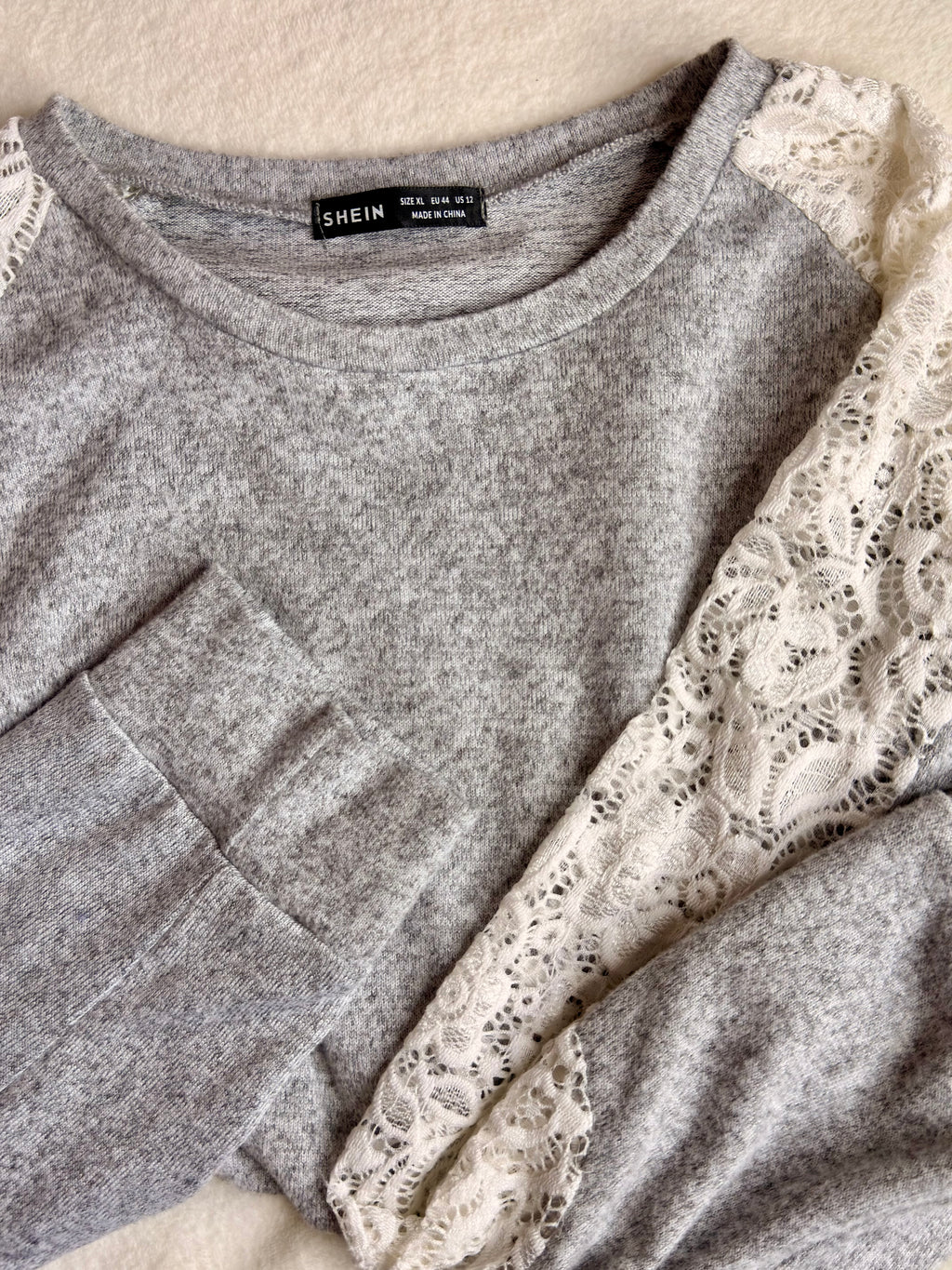 SHEIN Grey Lace-Sleeve Sweatshirt | XL