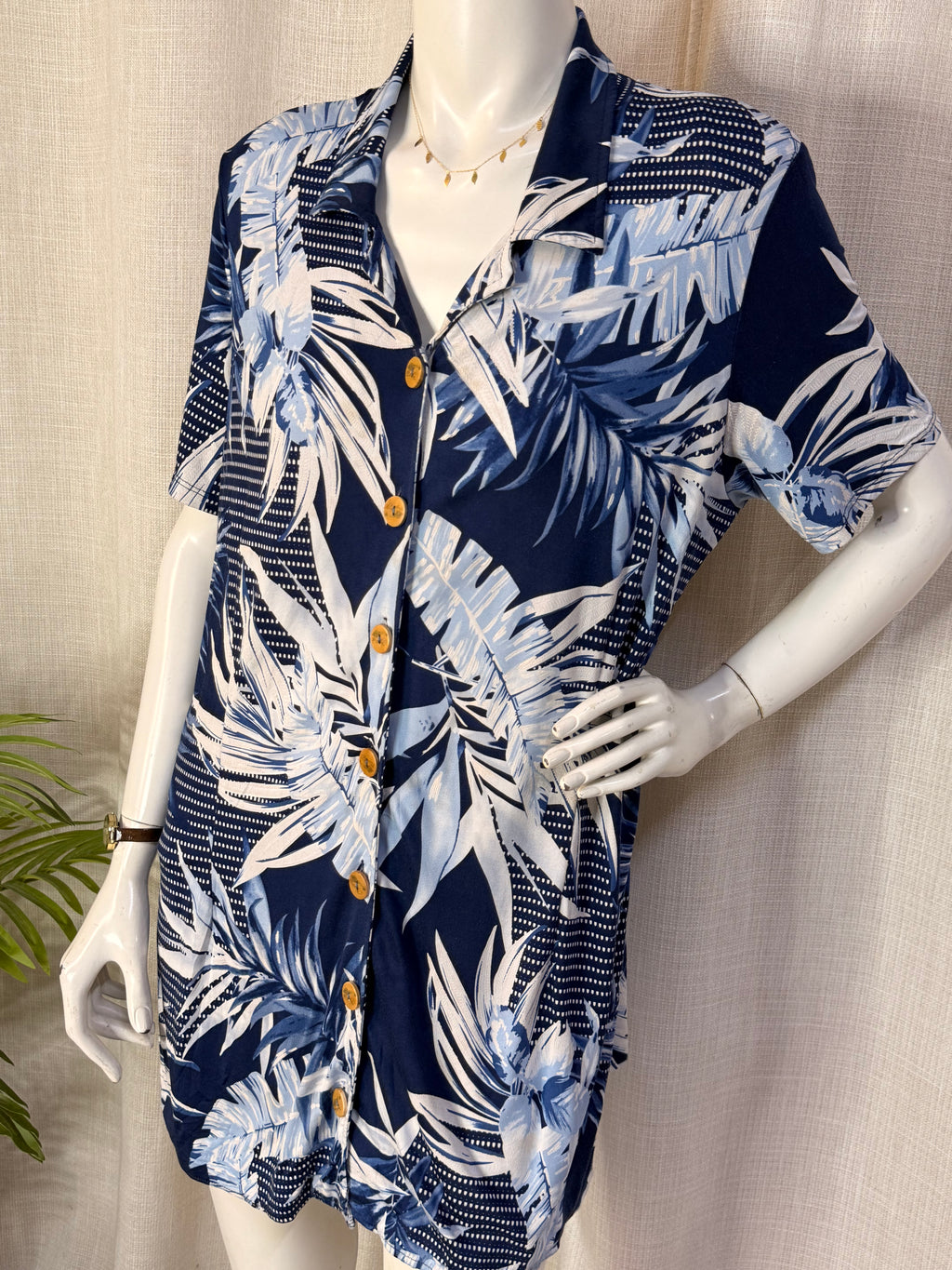 Muslher Navy Blue Tropical Palm Print Button-Down Shirt Mini Dress - Size L