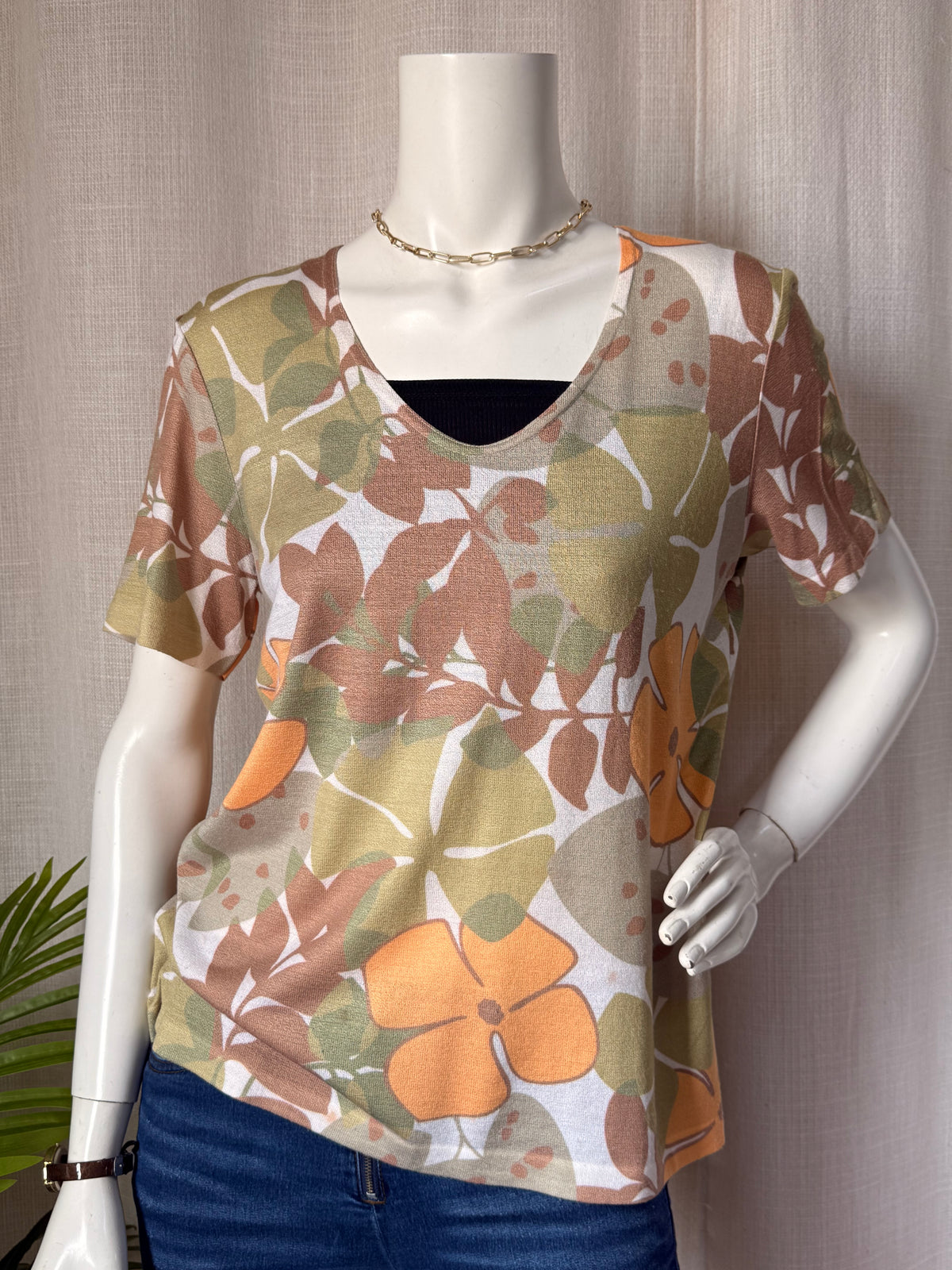 NAULOVER Spain Tropical Floral Knit Top - Earthy Tones - Size M