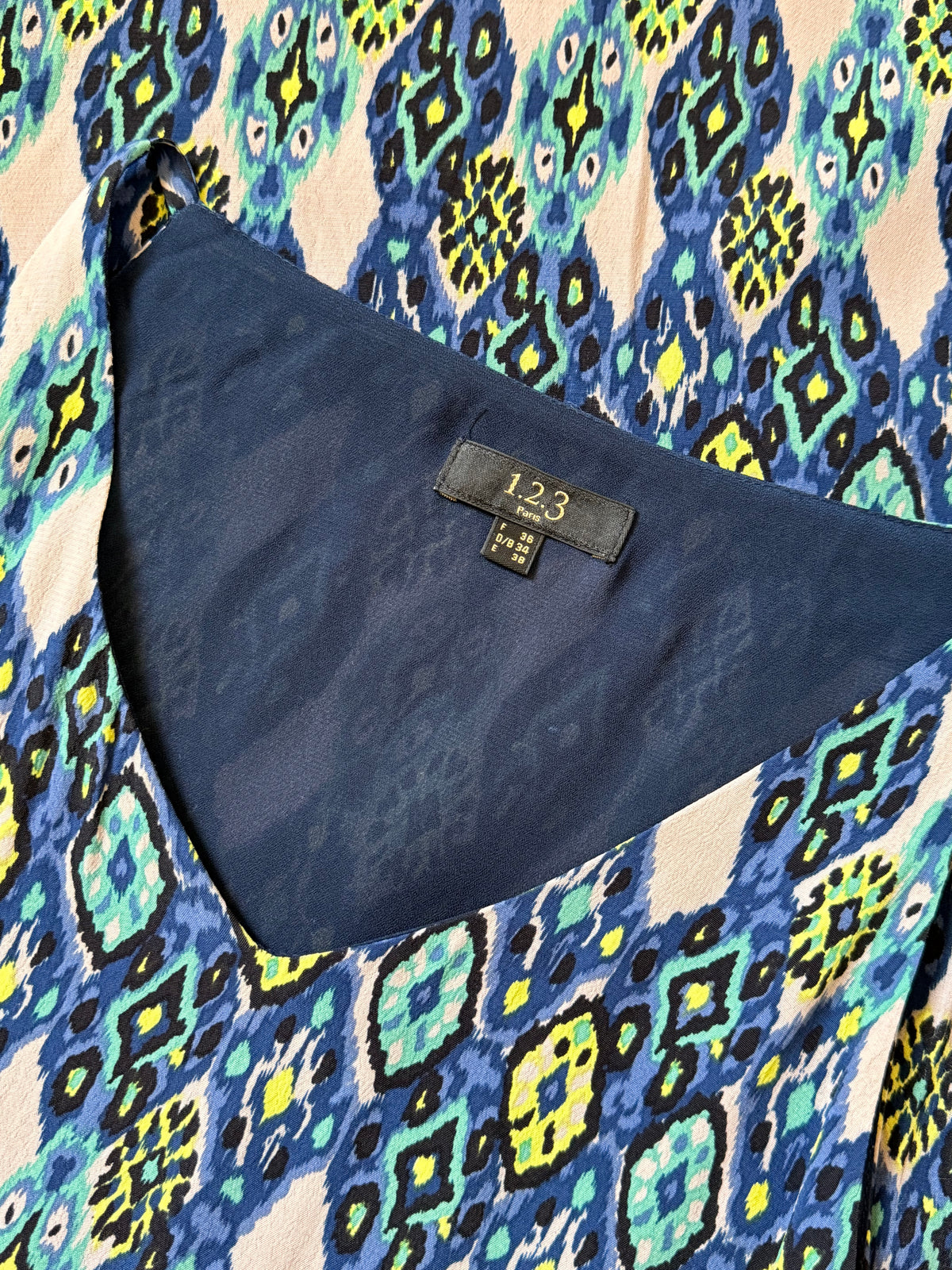 1.2.3 Paris Ikat Print Mini Dress - Blue/Green Silk Feel - Size FR 38 (Small Imperfections)