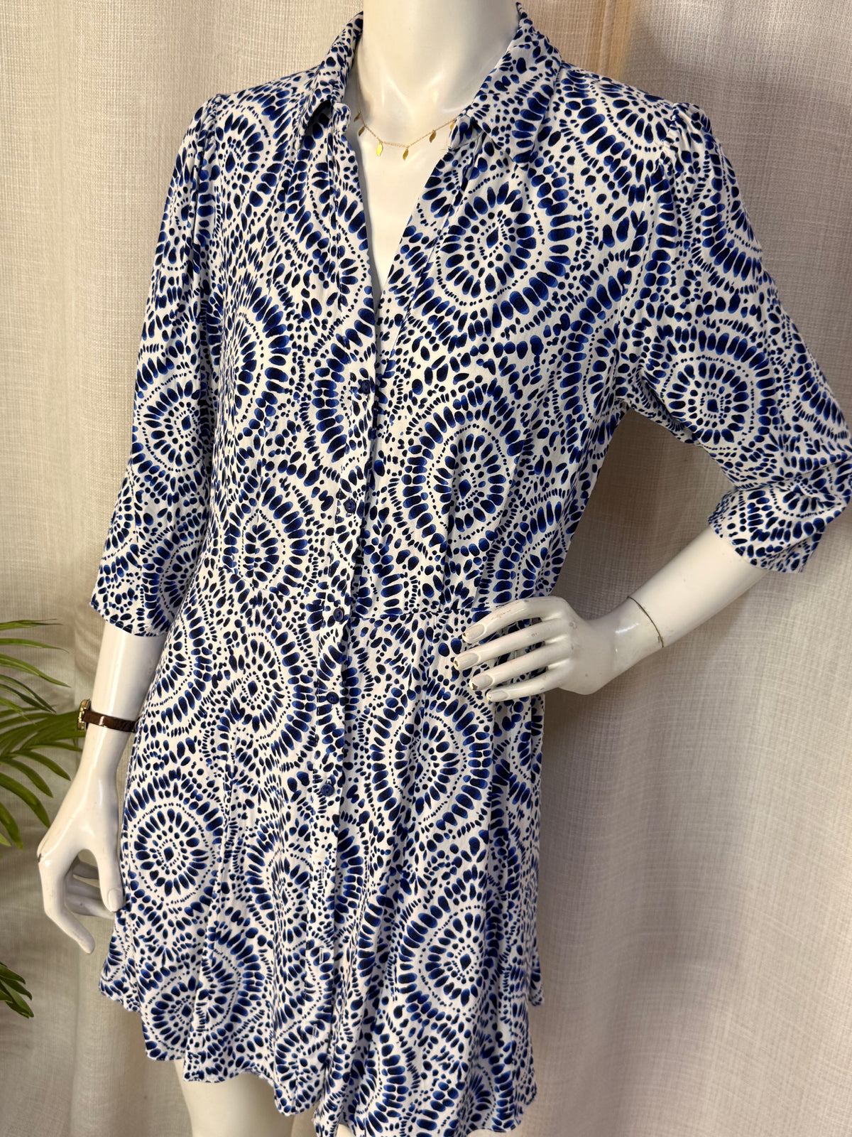 New Look Blue & White Mandala Print 3/4 Sleeve Shirt Mini Dress - UK 12 / US 8 | Medium