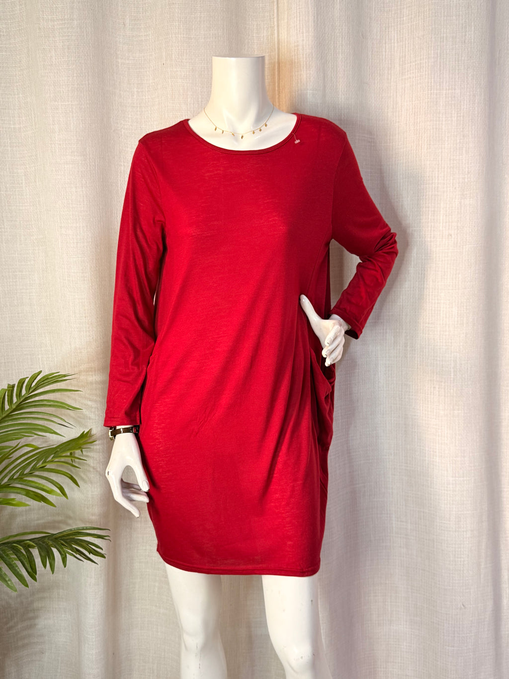 Crimson Red Long Sleeve Draped Cocoon T-Shirt Mini Dress with Pockets - Fits Size L-XL