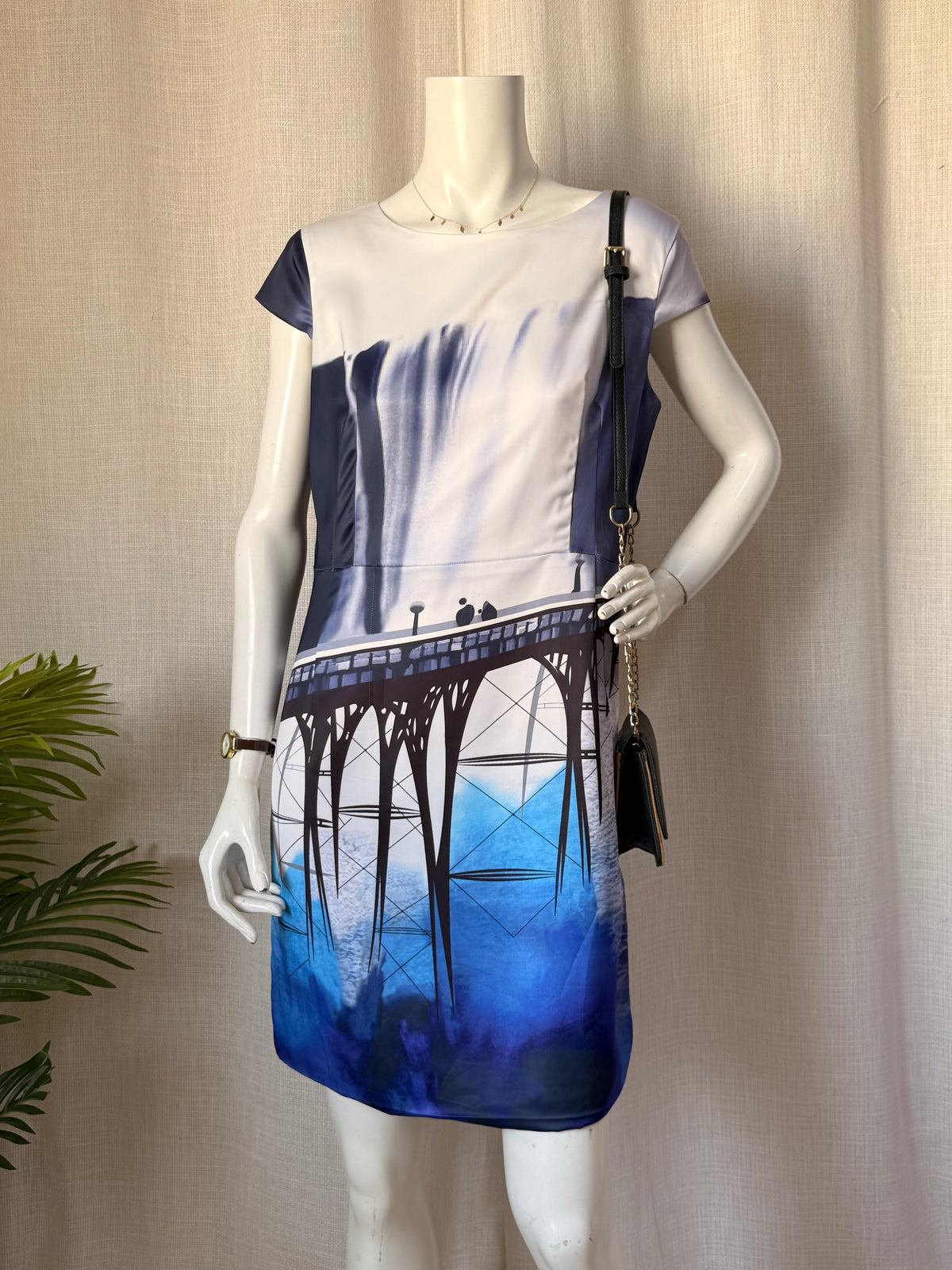 Klimeda Scenic Pier Print Sheath Dress - Blue & White Waterfall Graphic - Size US 10