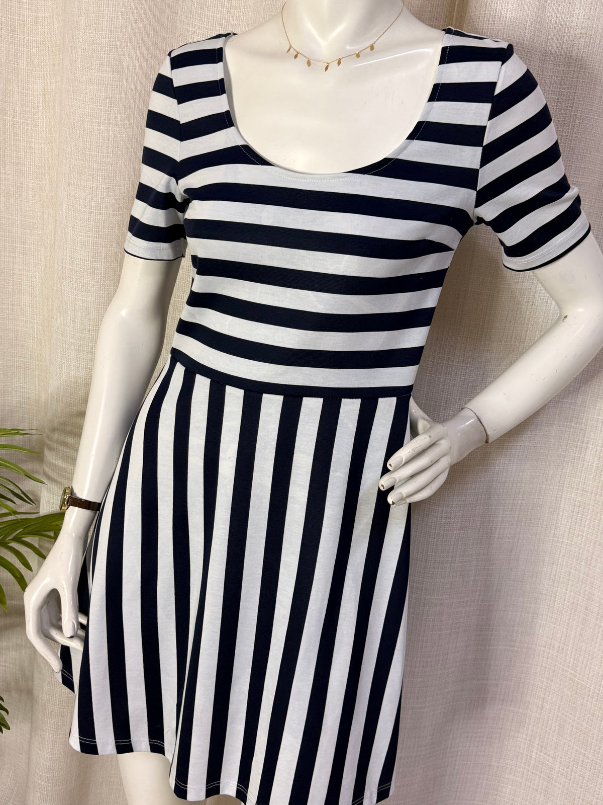 H&M Navy & White Striped Fit & Flare Mini Dress – Size S