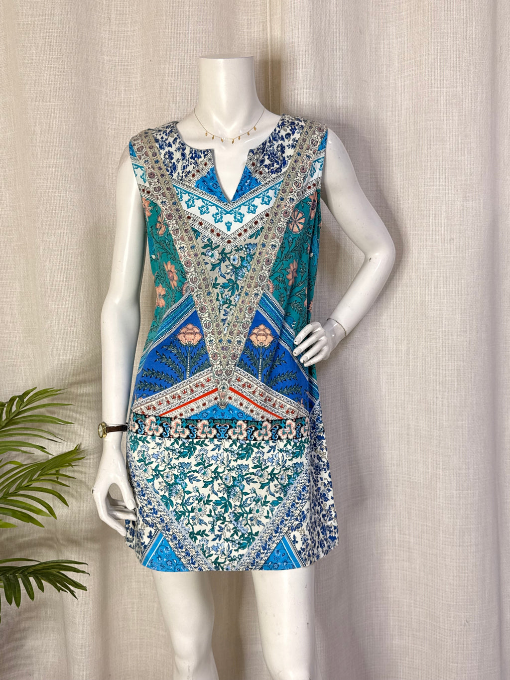 Derhy Blue Mediterranean Mosaic Print Sleeveless Shift Mini Dress - Size L