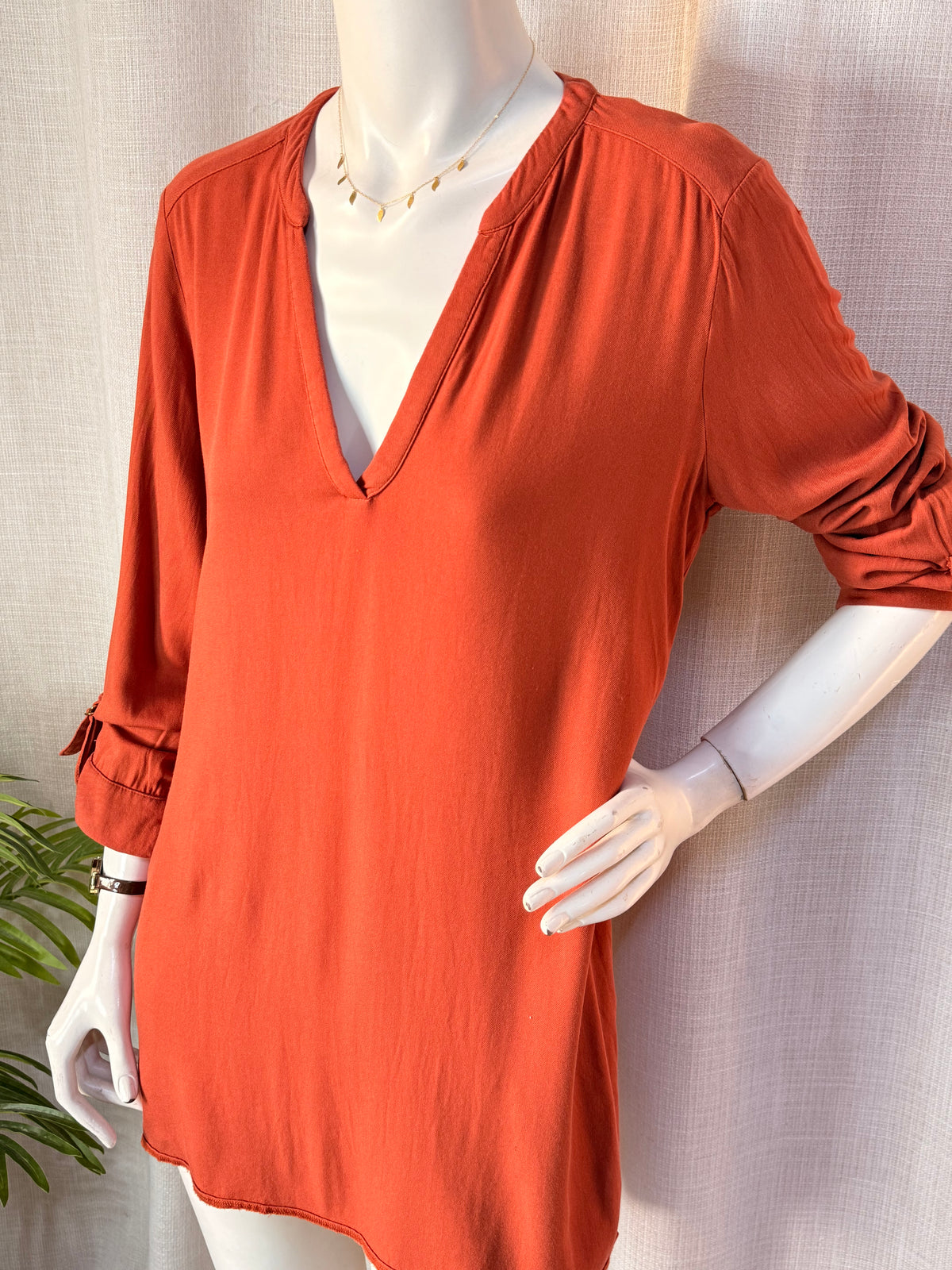 Atmosphere Rust Orange Split-Neck High-Low Tunic Mini Dress - UK 14 / US 10