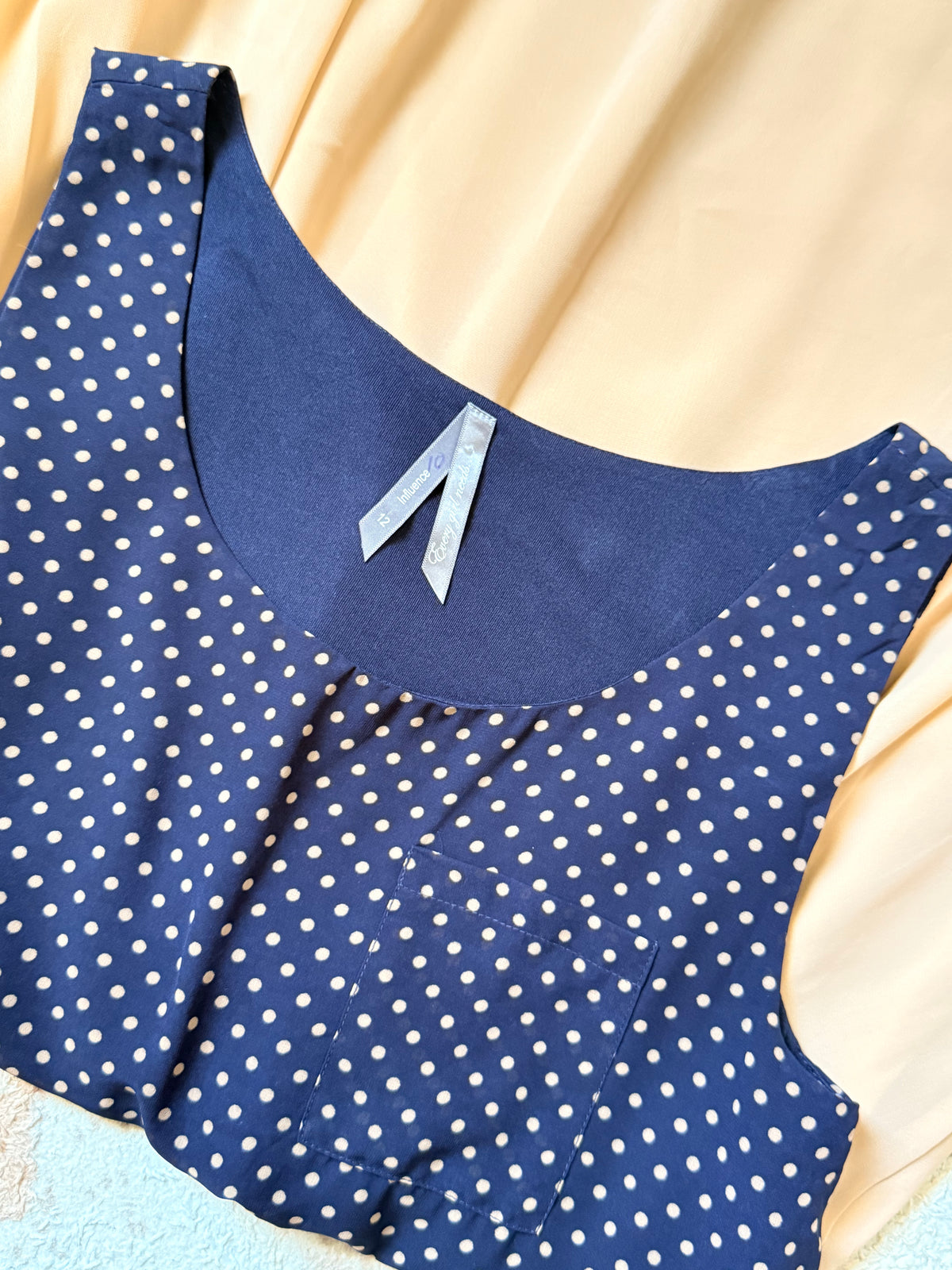 Influence Navy Polka Dot & Peach Skirt Mini Dress - Size UK 12 (Fits UK 10/12)