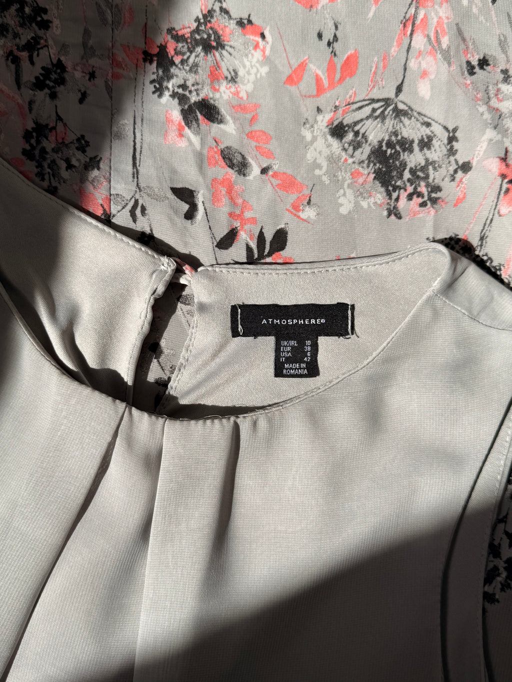 Atmosphere Grey Floral Shift Dress - Pleated Neckline & Butterfly Print - Size 10 (M)