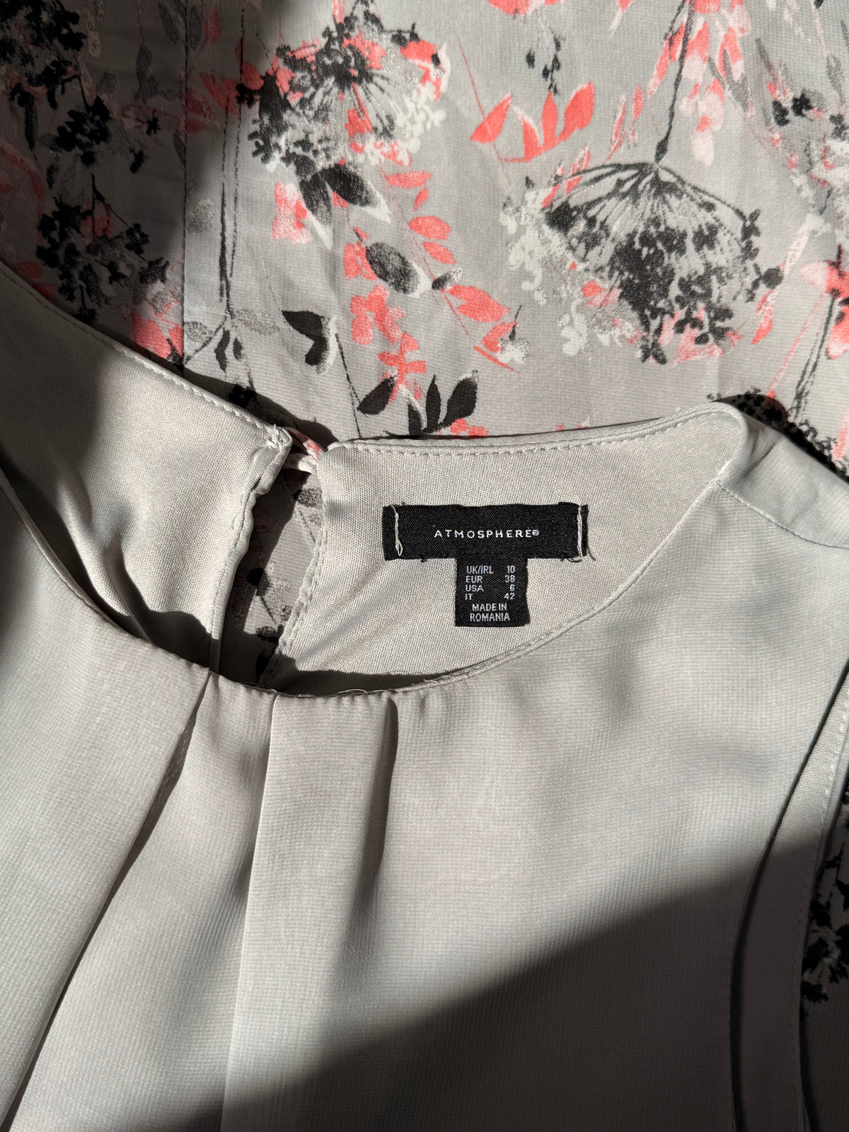 Atmosphere Grey Floral Shift Dress - Pleated Neckline & Butterfly Print - Size 10 (M)