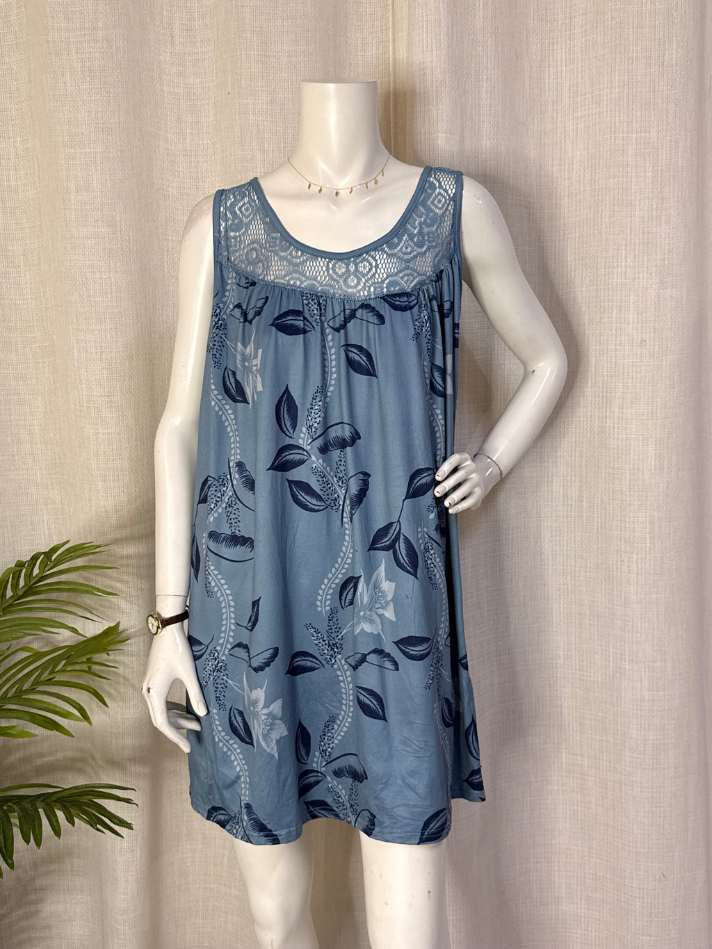 Dusty Blue Floral Lace Yoke Sleeveless A-Line Shift Nightdress / Loungewear Dress - Plus Size